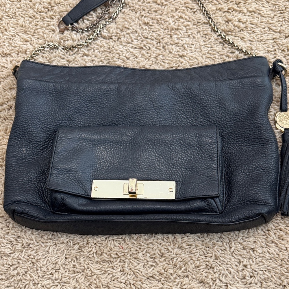 Vince Camuto Quality Black Leather Gold Chain Crossbody Purse Shoulder Bag